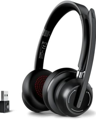 Blue Air Wireless Headset with Mic for Work, Bluetooth 5.1 Headphones with Noise Canceling Microphone, USB Dongle, 45H Playtime, Clear Calls & Mic Mute for PC, Laptop, Call Center, Teams, Black