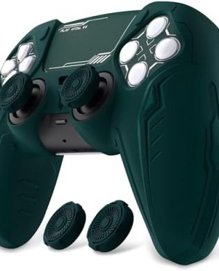PlayVital Silicone Skin Set for PS5 Controller - Charging Dock Compatible, Full Protection Case with Futuristic CyberMech Design, Soft Cover with Thumb Grips & Stickers - Racing Green