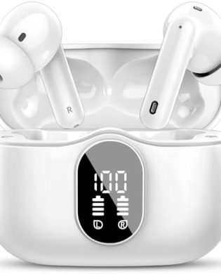 Wireless Earbuds, Bluetooth 5.4 Headphones Bass Stereo, Ear Buds with Noise Cancelling Mic, LED Display in Ear Earphones Clear Calls, IP7 Waterproof Bluetooth Earbuds for Phones/Sports/Laptop, White